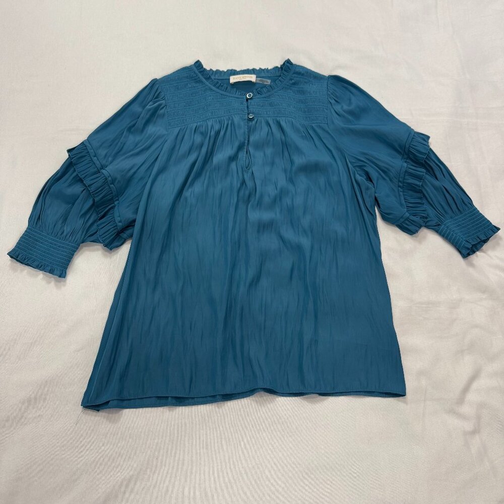 Ramy Brook New York Blue Smocked Yoke Blouse Top Size M Half Sleeve Length